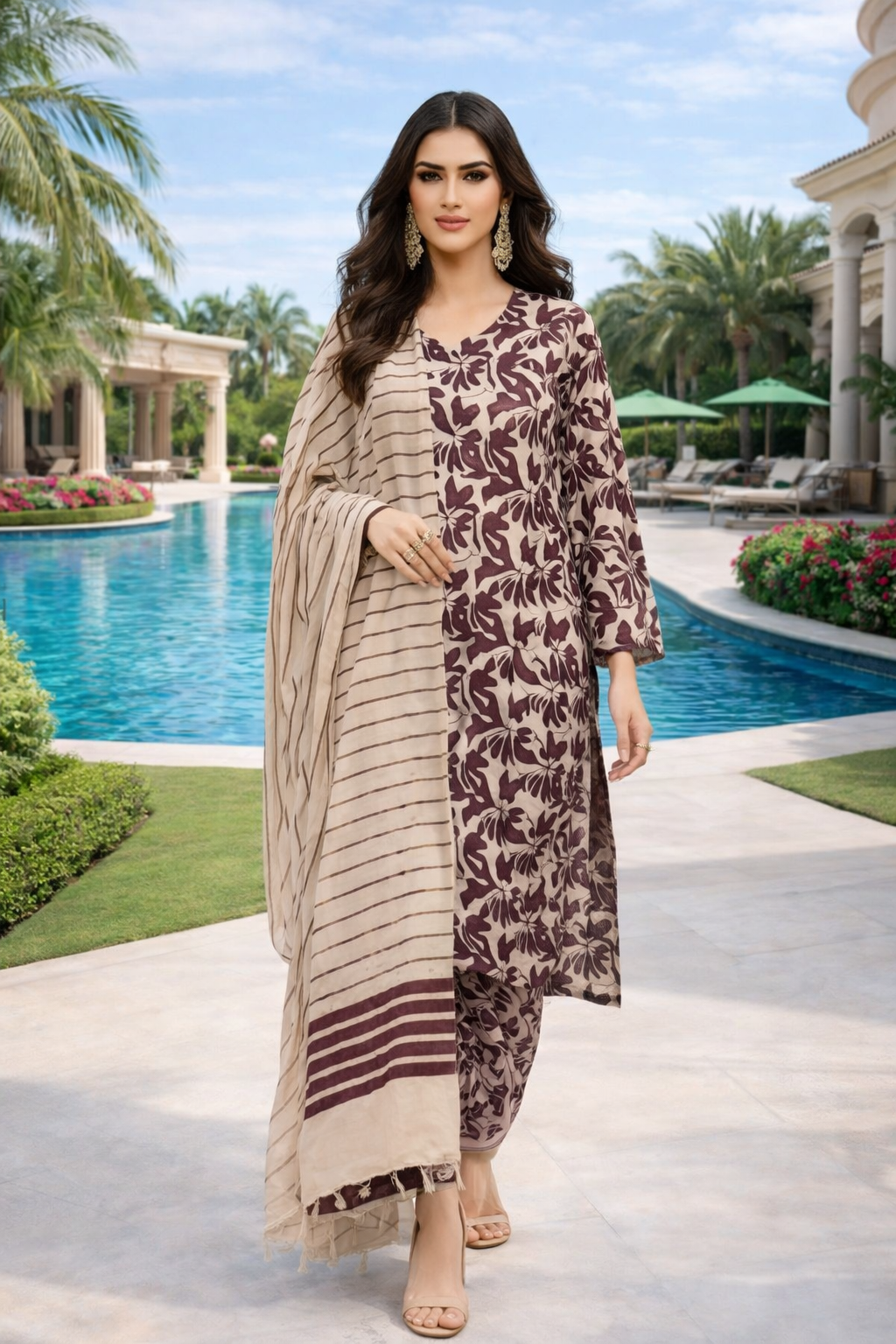 (19) Pakistani Printed Soft Khaddar Winter Suit with Gold Thread Detailed Shawl