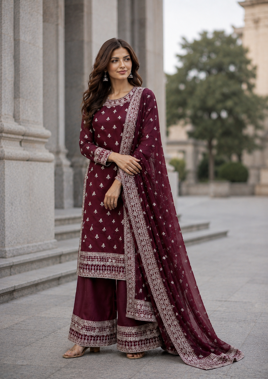 (327) Embroidered Chiffon Kameez | Gold Beaded Dupatta Set
