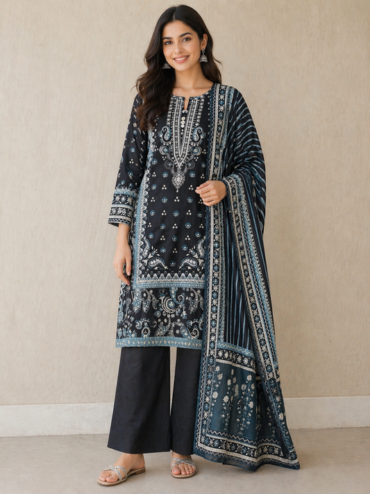 (124) Bin Saeed Floral Lawn Suit | Mirror Buttons & Contrast Dupatta