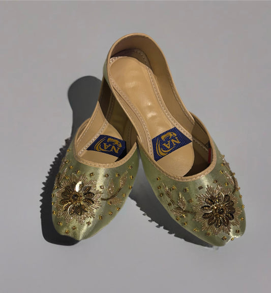 (S1) Handmade Satin Light Green Khusa – Gold Embroidered Punjabi Jutti with Soft Foam Sole