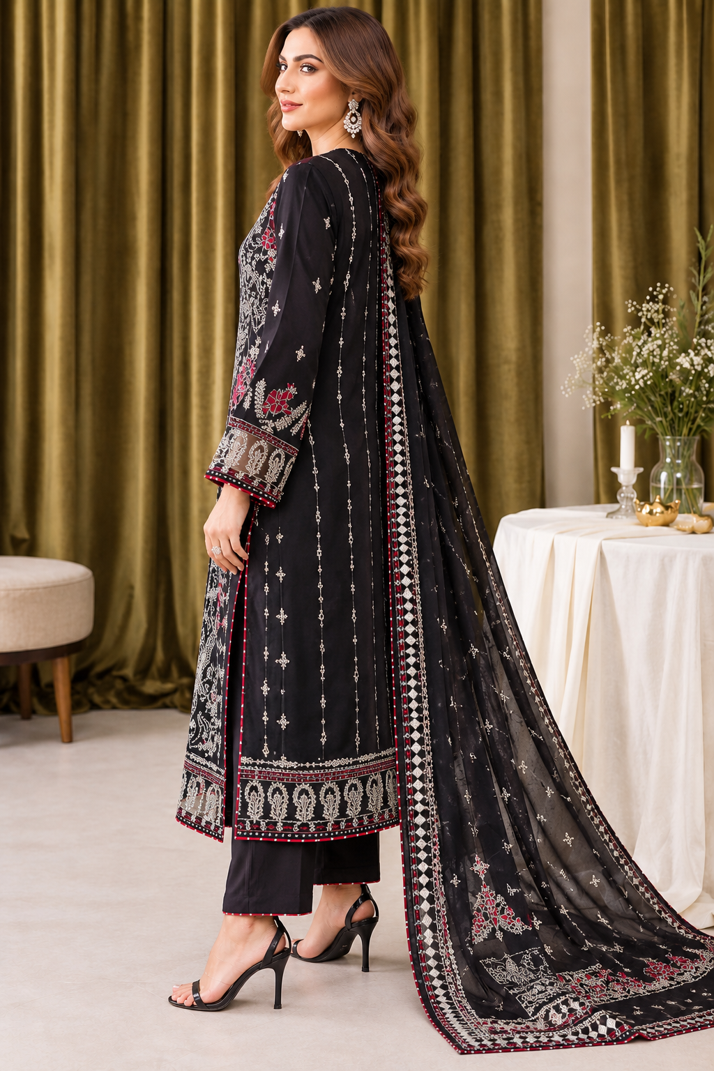 (371) Ramsha Black Raw Silk Suit delicate silver embroidered chiffon duppatta ready to wear