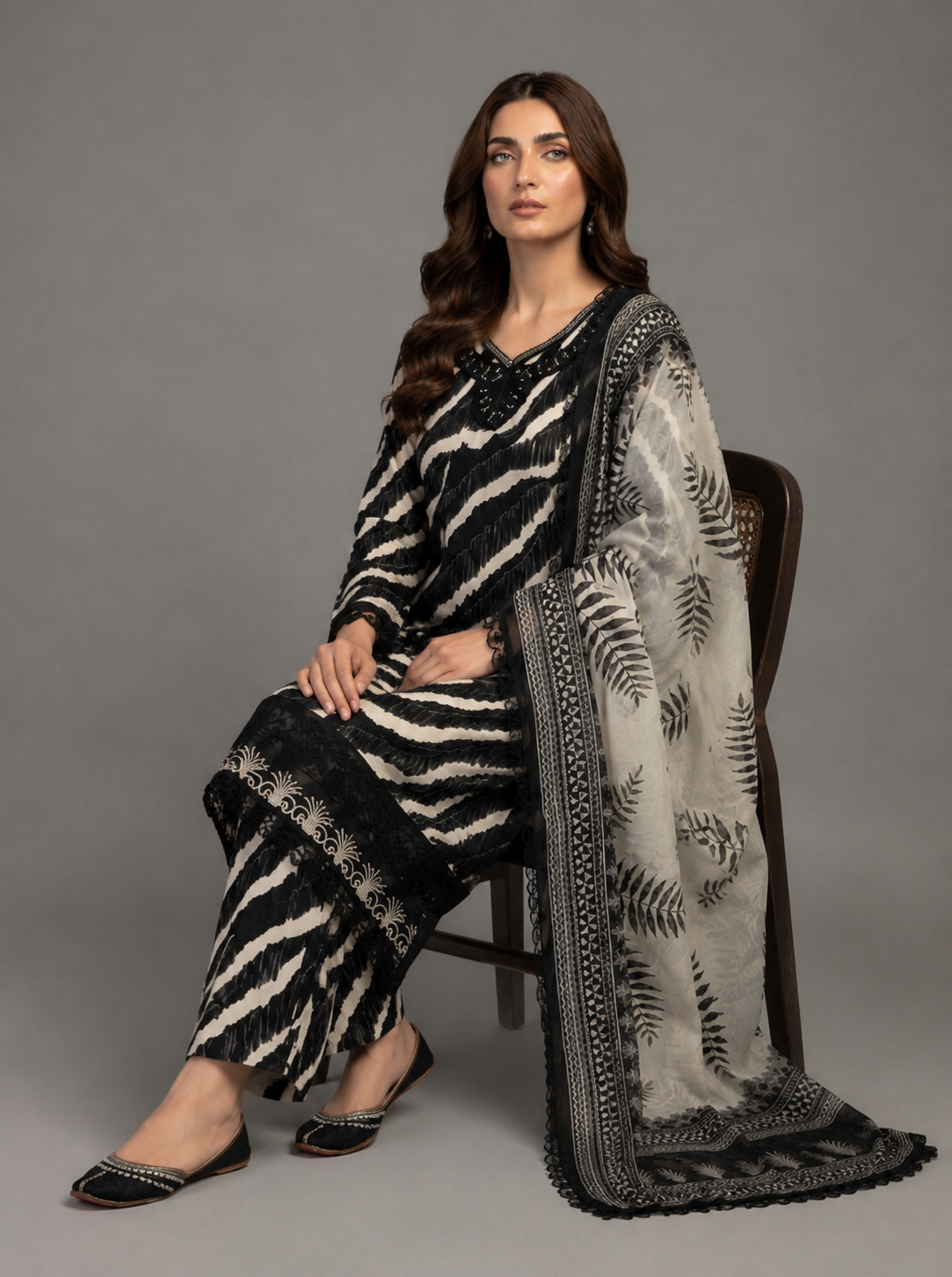 (227) Black & Beige Zebra Print Lawn Suit & Chiffon Dupatta
