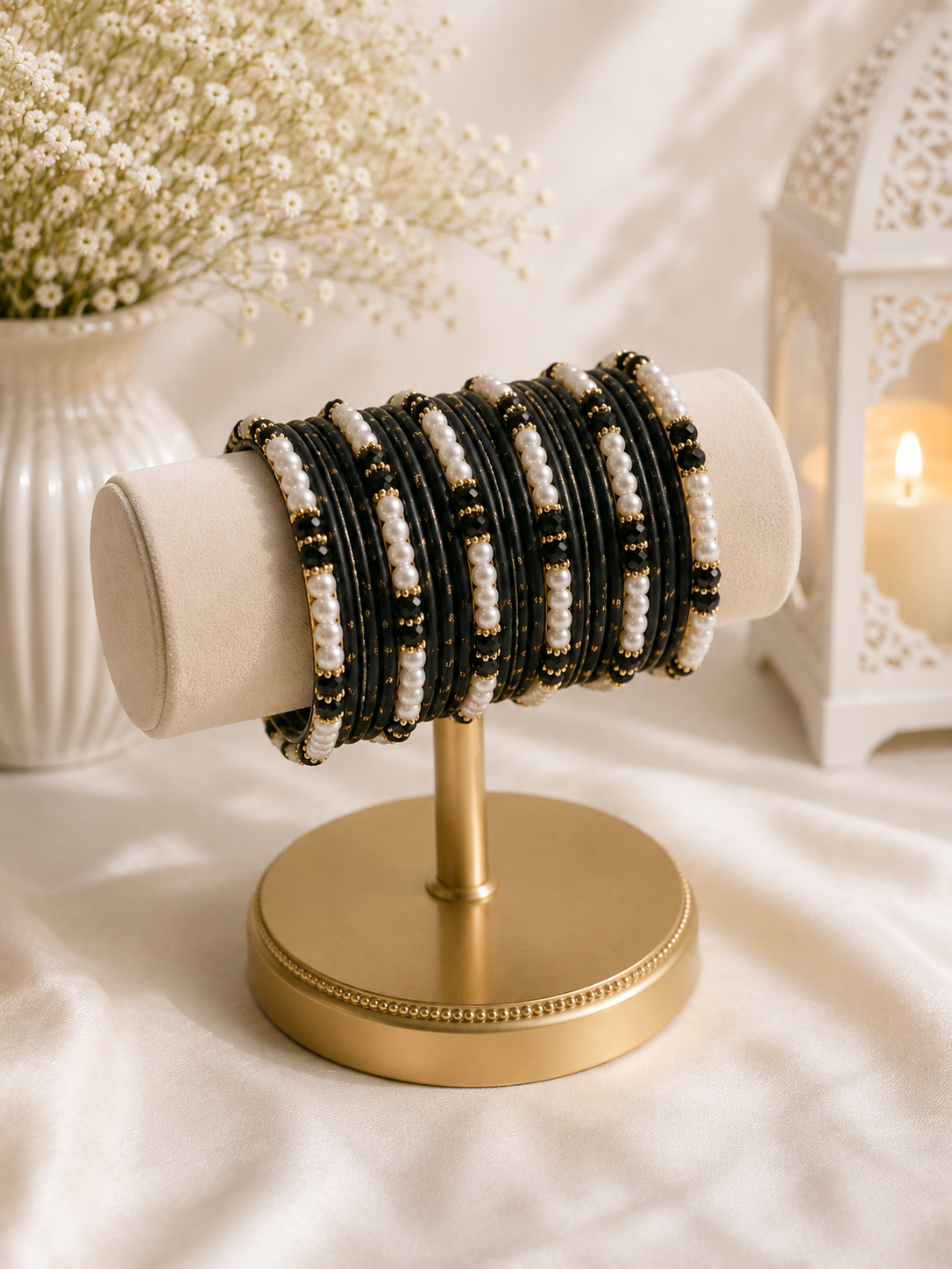 (B5) Elegant black bangle set with delicate pearl detailing and subtle gold accents perfect for weddings, Eid, parties and special occasions size 2.4