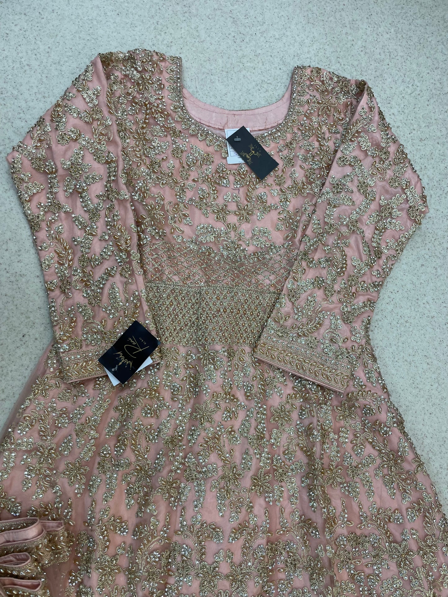 (155) Indian Peach Sharara Suit - Diamante Embroidered Umbrella Dress