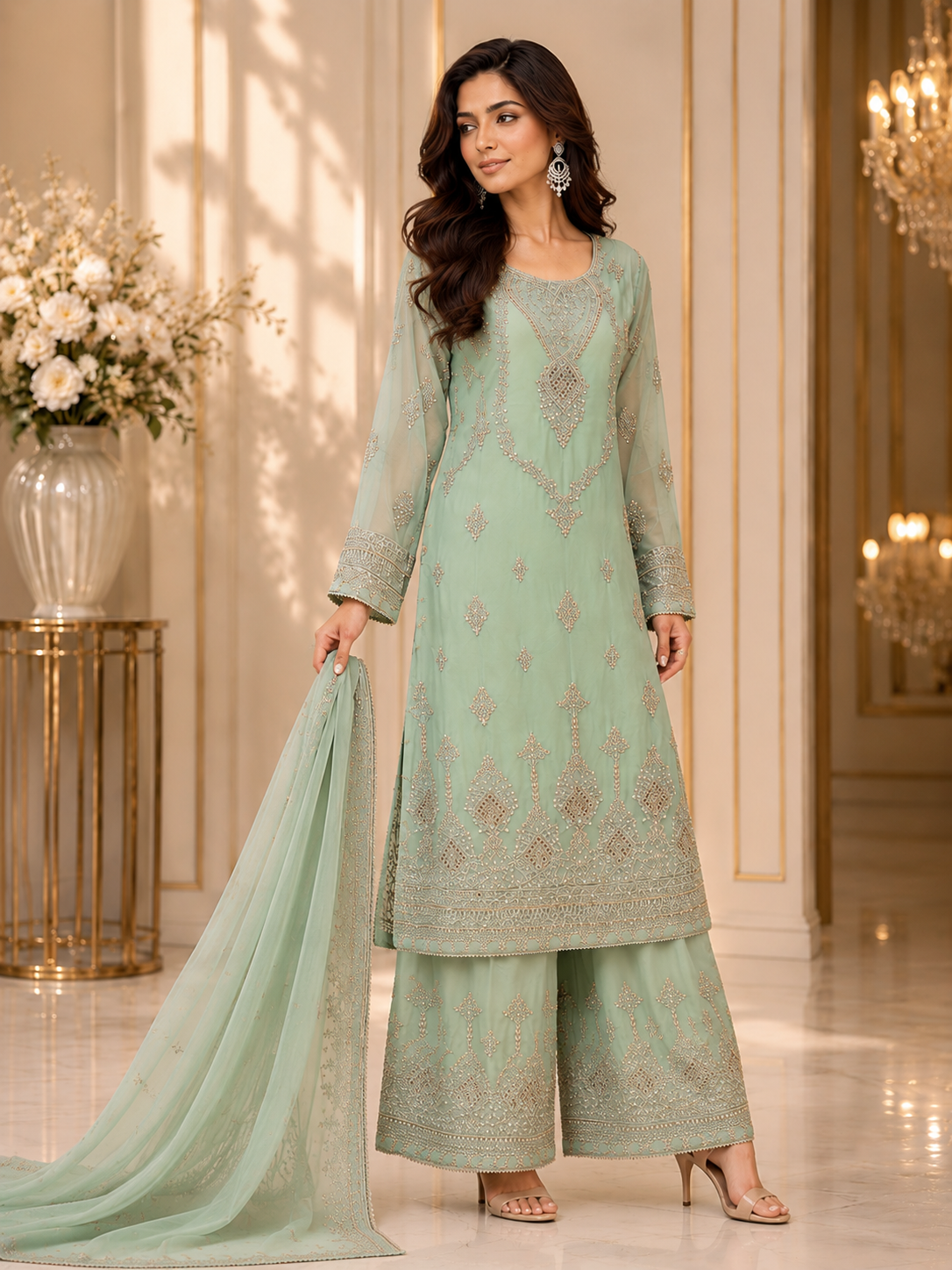 (279) Elegant Chiffon Palazzo Suit | Pearl & Diamante Gold Embroidery