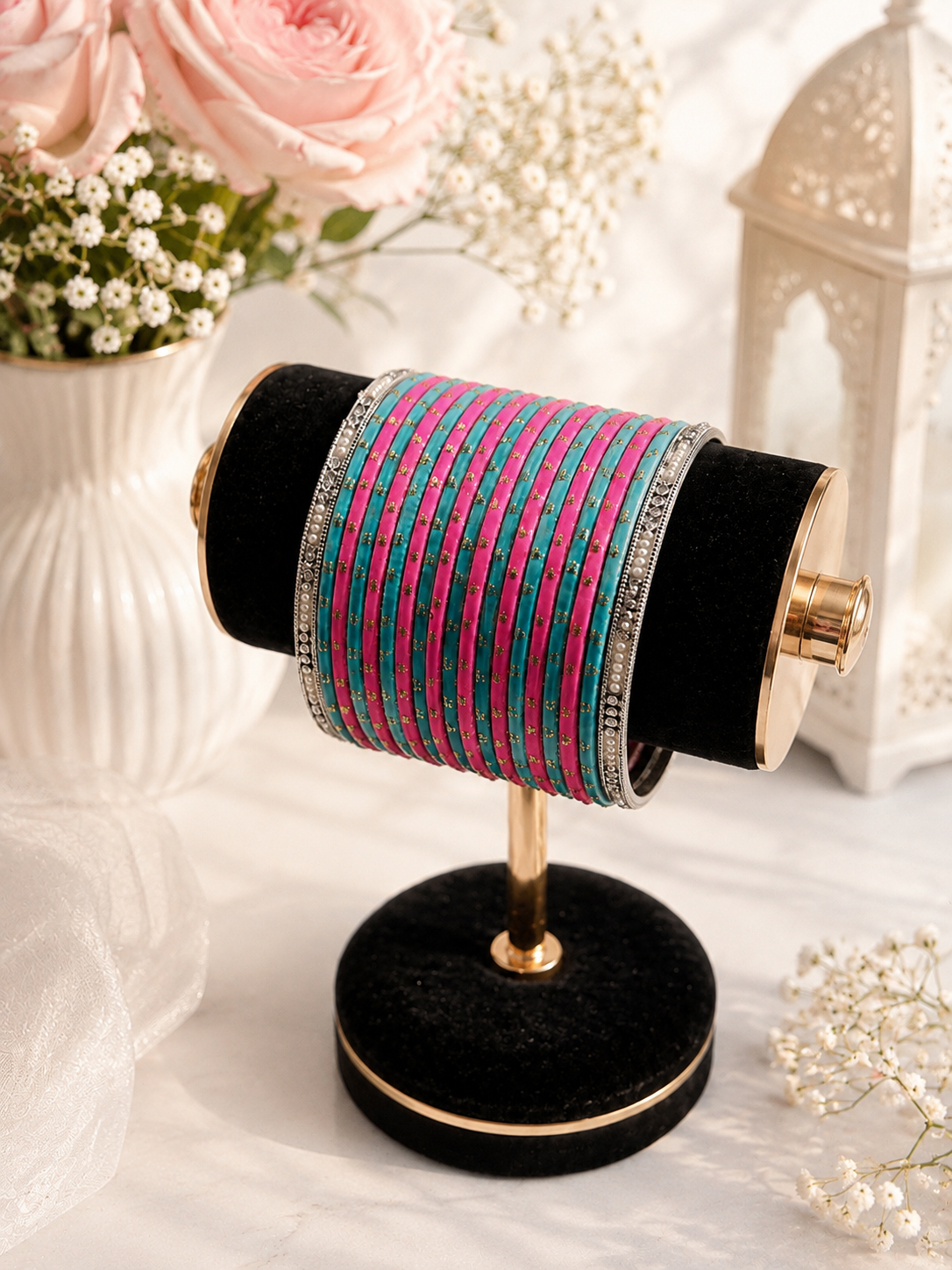 (B1) Pink & turquoise bangles with gold detailing and sparkling silver accents size 2.6