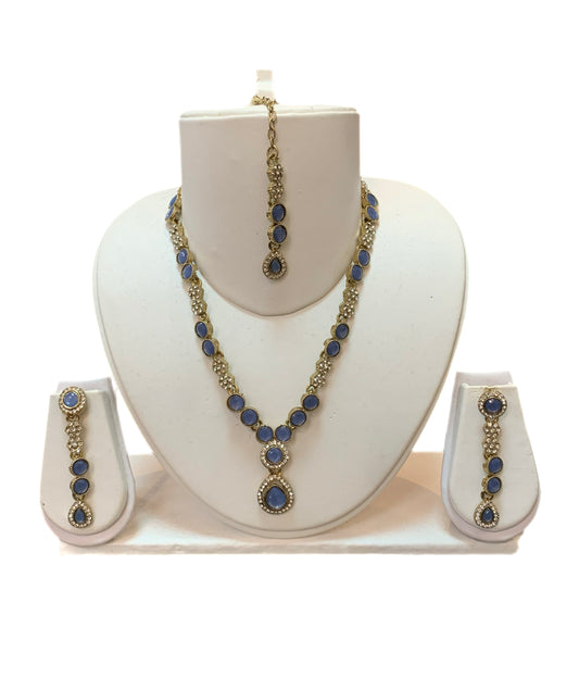 Pakistani gold diamonte blue necklace tikka earrings tikka set