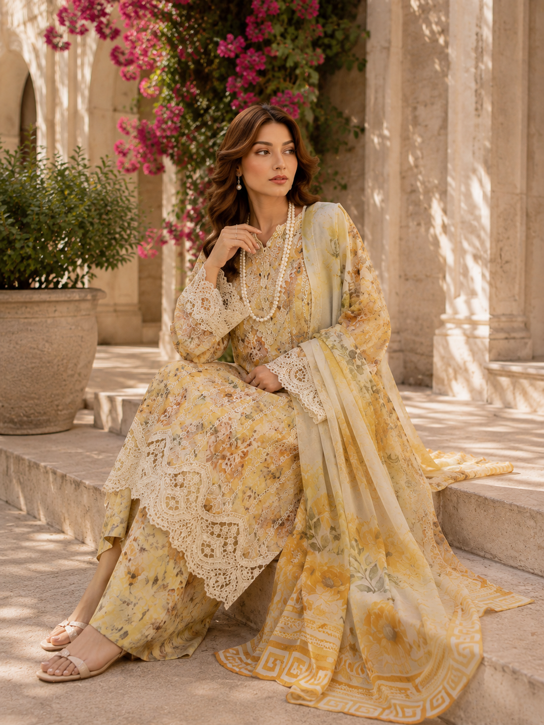 (162) Adan’s Libas Printed Lawn Suit | Lace Embroidery & Voile Dupatta
