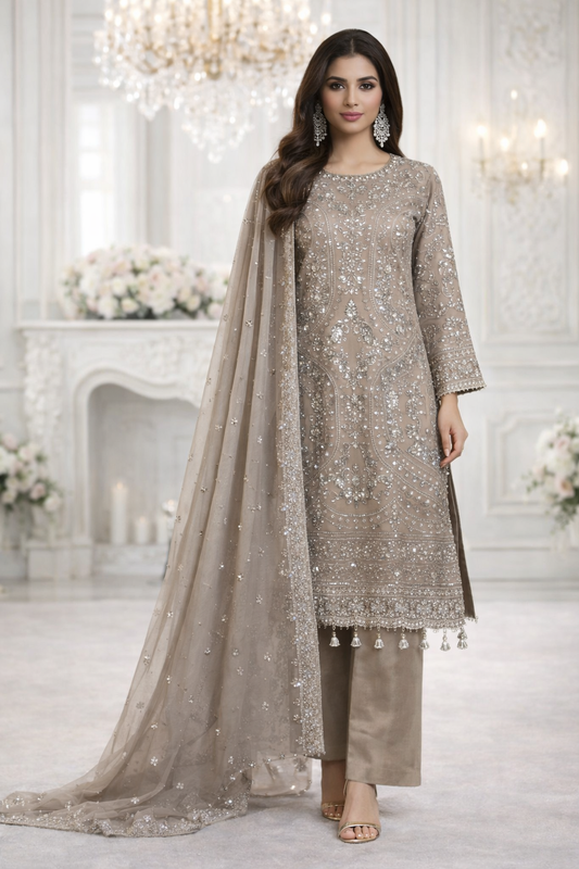 (307) Sequined Chiffon Suit | Diamante Neck & Sparkle Dupatta