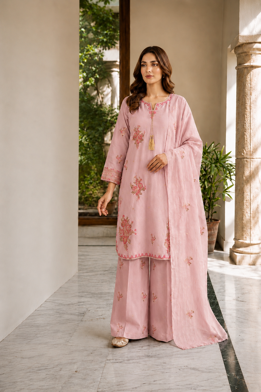(363) Abeeha Elegant Light pink Viscose Suit – A beautifully designed rounded kameez featuring delicate gold thread floral embroidery, paired with stylish palazzo trousers and a soft bamber dupatta.