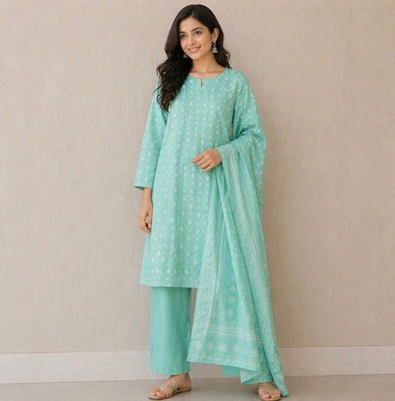 (113) Bin Saeed Lawn Suit | Floral & Pearl Neck | Contrast Dupatta