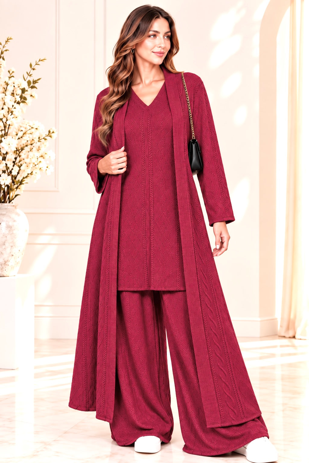 (378) Elegant 3-piece deep red one size textured knit co-ord set Featuring a flattering V-neck tunic, flowing wide-leg trousers and a matching longline open cardigan. stylish, comfortable effortlessly elegant outfit