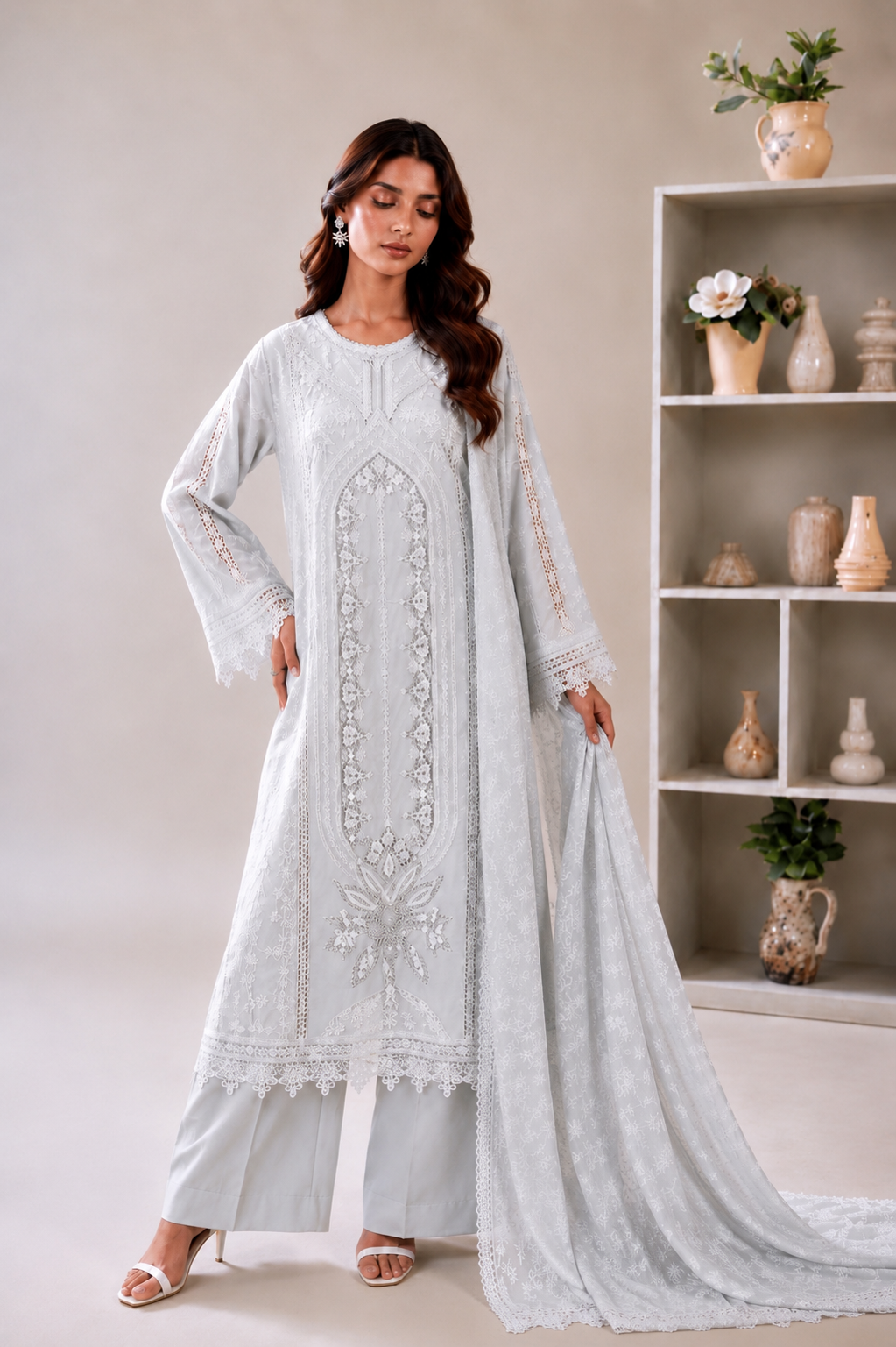 (180) Maria b inspired embroidered arabic lawn lace cutwork printed tissue silk dupatta ready to wear