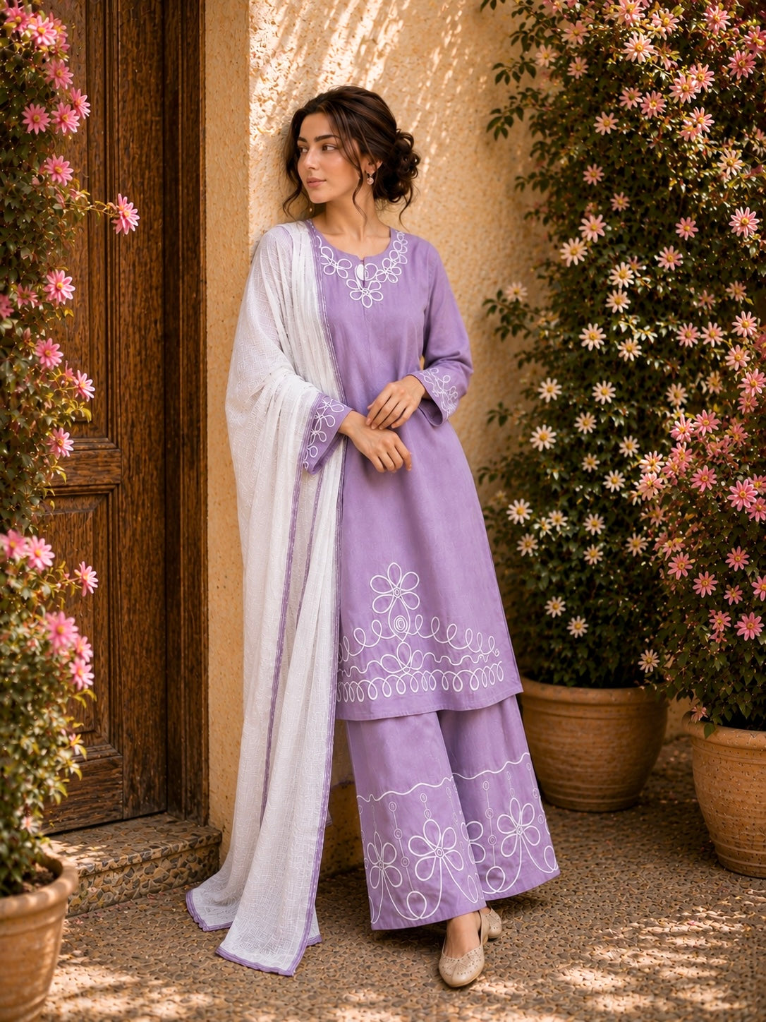 Elegant Linen lined pattern Suit
Crafted from breathable premium linen, this elegant ready-to-wear suit features beautiful white embroidery on the neckline, sleeves, kameez hem, and palazzo trousers.