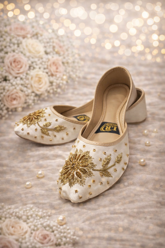 (S15) Handmade Satin Khusa – Gold Embroidered Punjabi Jutti with Soft Foam Comfort