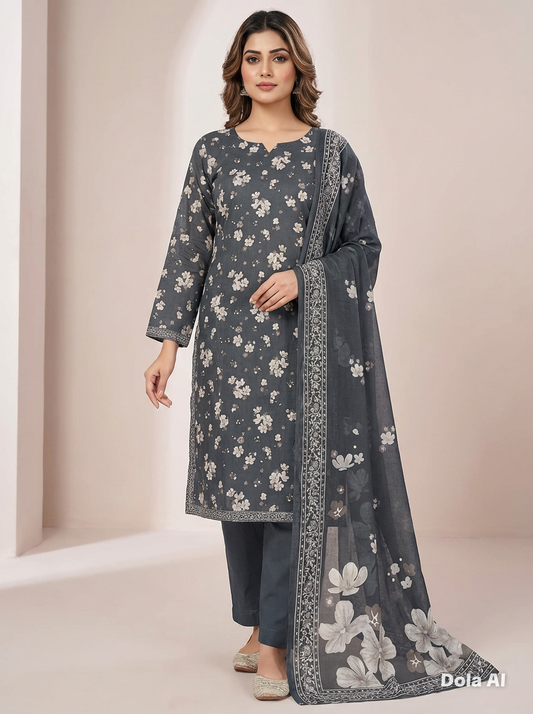(114) Bin Saeed Floral Lawn Suit | Pearl Neck & Contrast Dupatta
