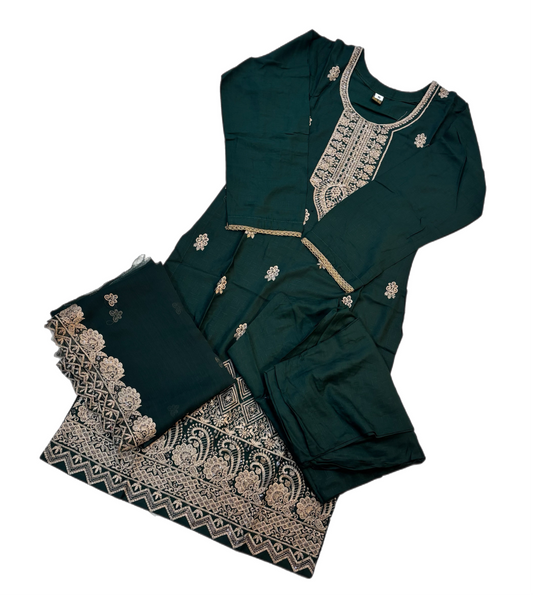 (170) Linen Pakistani Embroidered Sequin Chiffon Scarf Three-Piece Ready-Made Suit