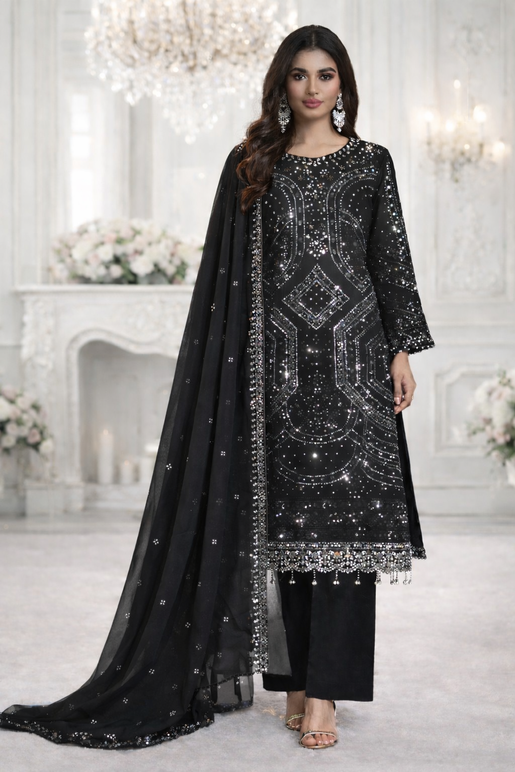 (301) Luxury Sequined Chiffon Suit | Diamante Neck & Dupatta