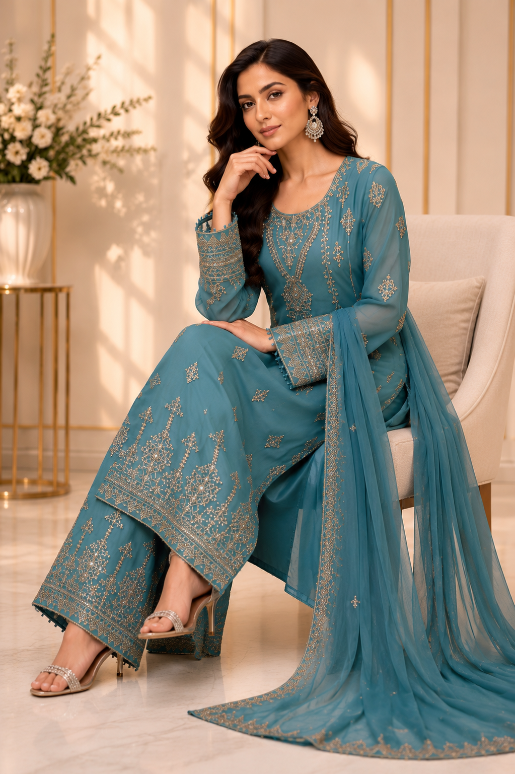 (285) Elegant Chiffon Palazzo Suit | Pearl & Diamante Gold Embroidery