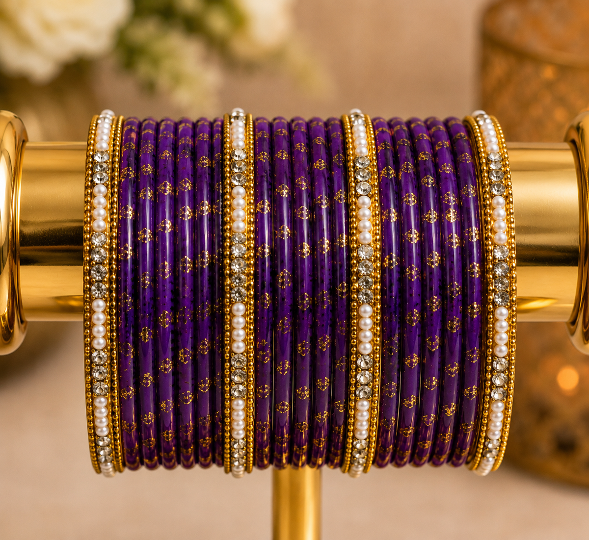 (B11) Elegant deep purple bangle set featuring delicate gold detailing and sparkling stone embellishments. A beautiful traditional design, perfect for weddings, Eid, parties and special occasions size 2.4
