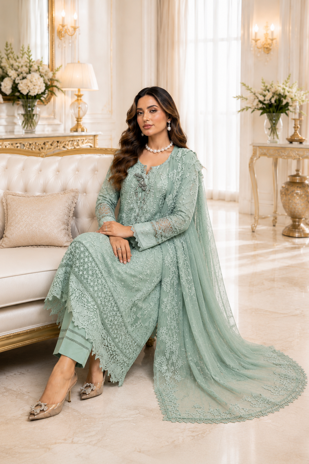 (155) Munira Premium Lawn Suit | Beaded Sequin Embroidery & Chiffon Dupatta
