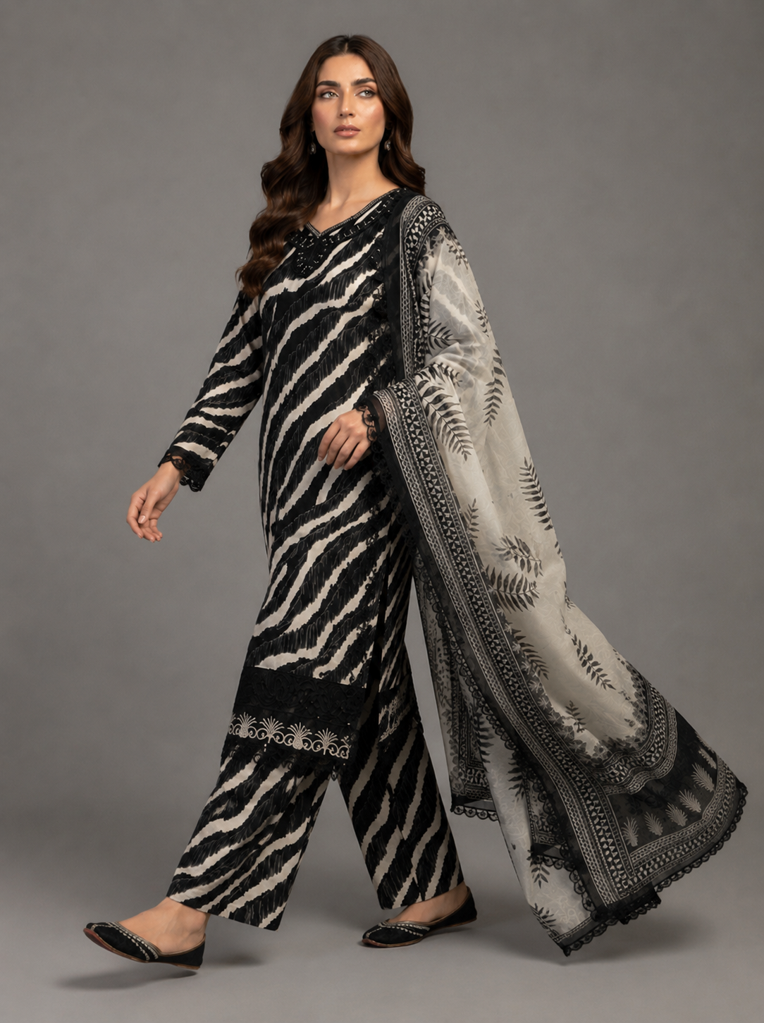 (227) Black & Beige Zebra Print Lawn Suit & Chiffon Dupatta