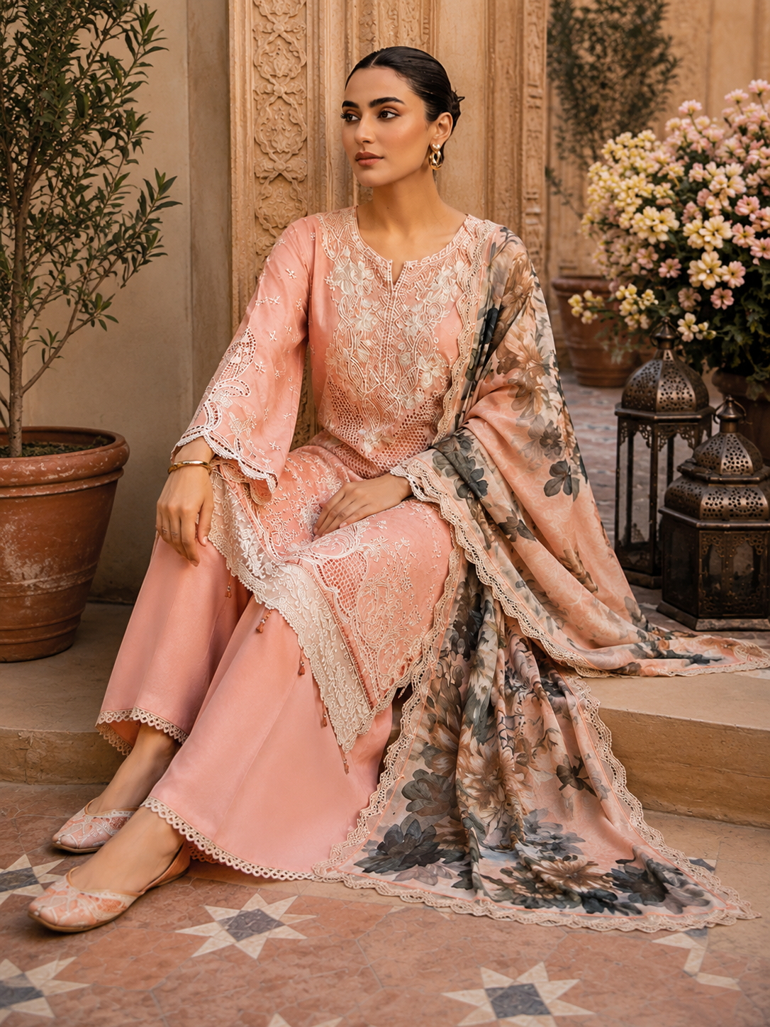 (1) Rangreza pret peach lawn chicken Kari lace embroidered pearl embellished chiffon contrast dupatta ready to wear