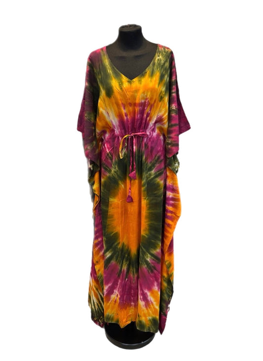 (117) Tie dye long butterfly kaftan dress viscose belted one size