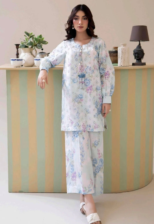 (49) Adan’s schiffli chickankari printed voil lawn shirt lawn trousers co ord set