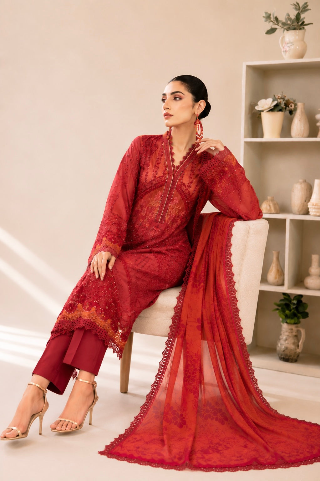 (350) Maria b inspired embroidered arabic lawn lace cutwork pearl sequins printed chiffon dupatta ready to wear