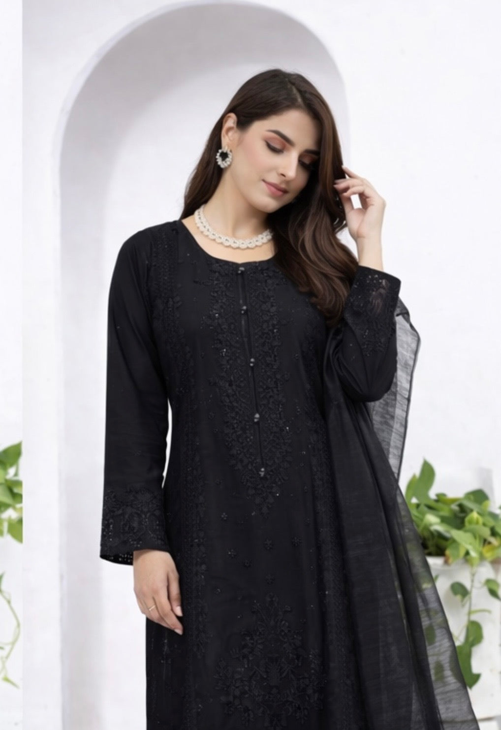 (348) Black Chikankari Viscose Suit | Sequin Embroidery | Ready to Wear