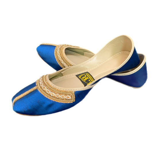 (S35) Handmade Satin Khusa – Gold Embroidered Punjabi Jutti with Soft Foam Comfort