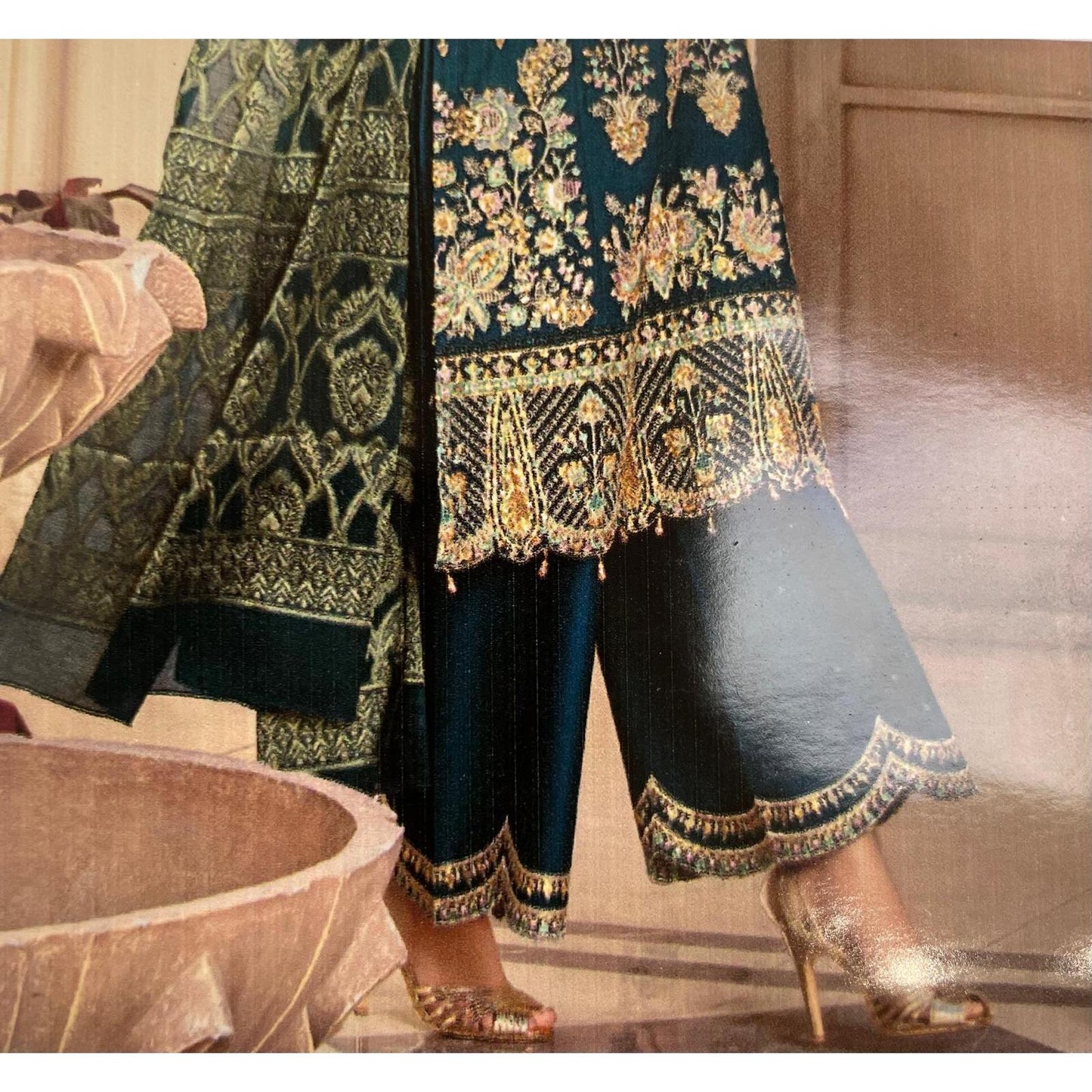 (213) Ladies Pakistani Teal Suit with Intricate Gold Embroidery & Palazzo Trousers