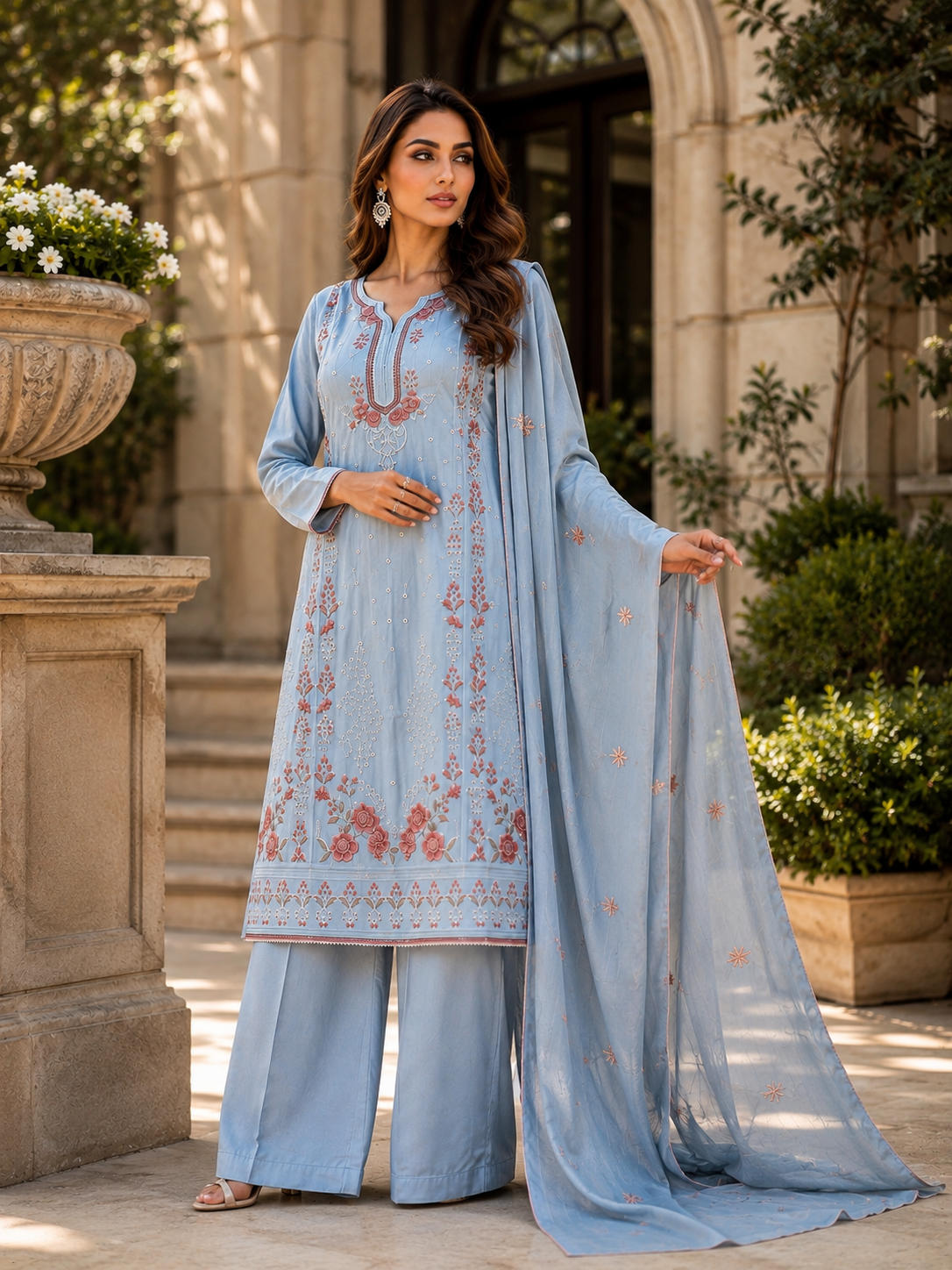 (357) Abeeha light blue suit features a soft, comfortable viscose kameez beautifully finished with delicate floral embroidery. Paired with coordinating trousers and a stunning lightweight Bamber dupatta, it’s the perfect