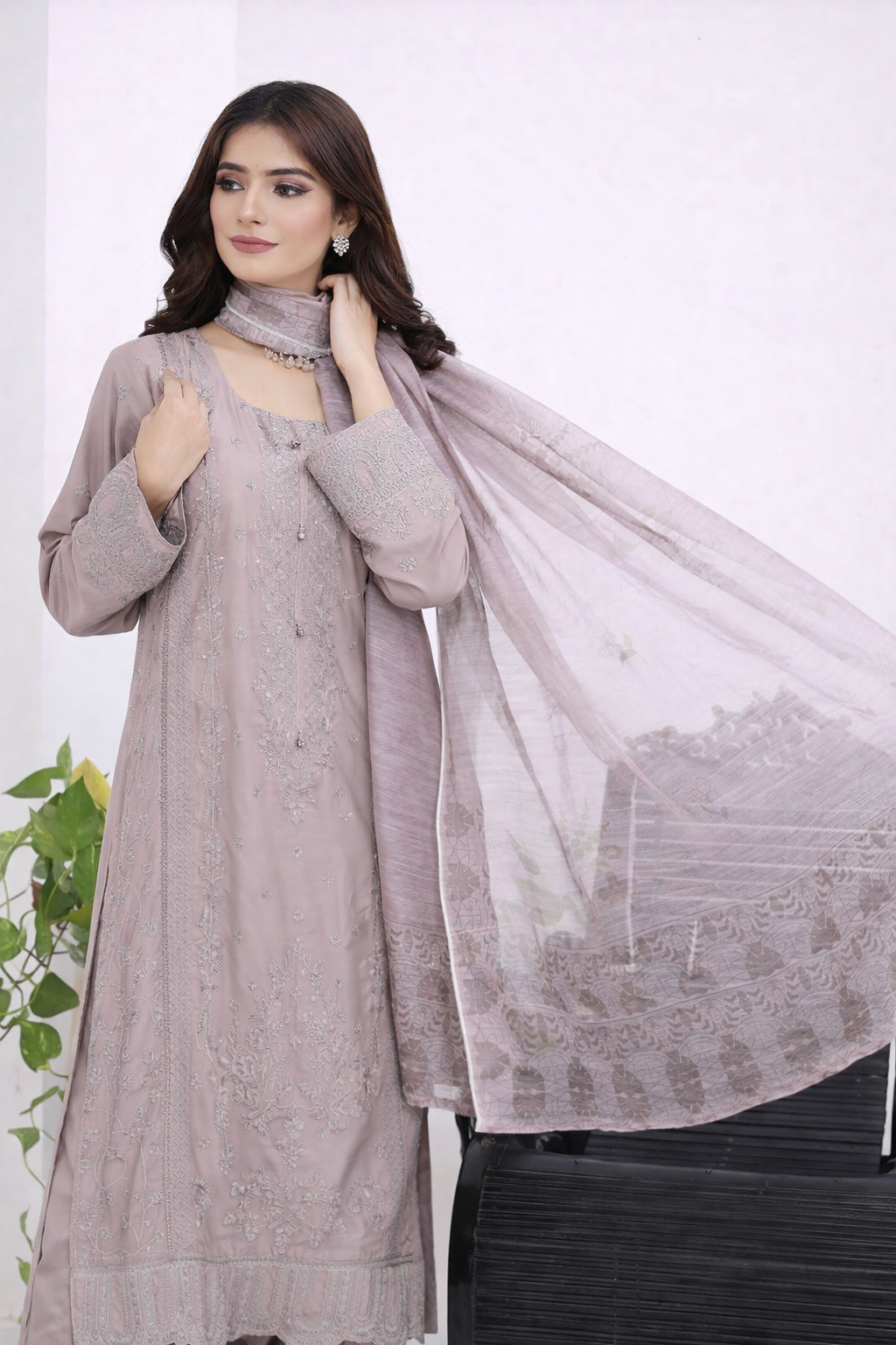 (346) Beige Chikankari Viscose Suit | Sequin Embroidery | Ready to Wear