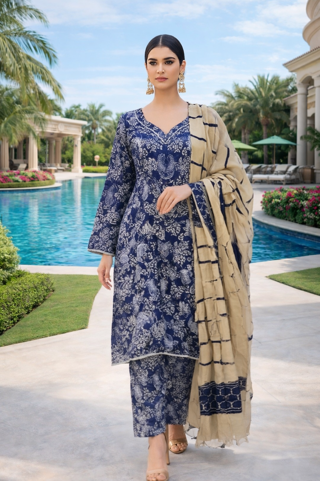 (39) Pakistani Printed Soft Khaddar Winter Suit with Gold Thread Detailed Shawl
