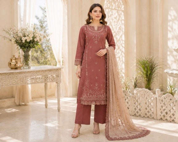 (175) Tawakkal Embroidered Sequin Silky Lawn Suit with Khaddi Dupatta