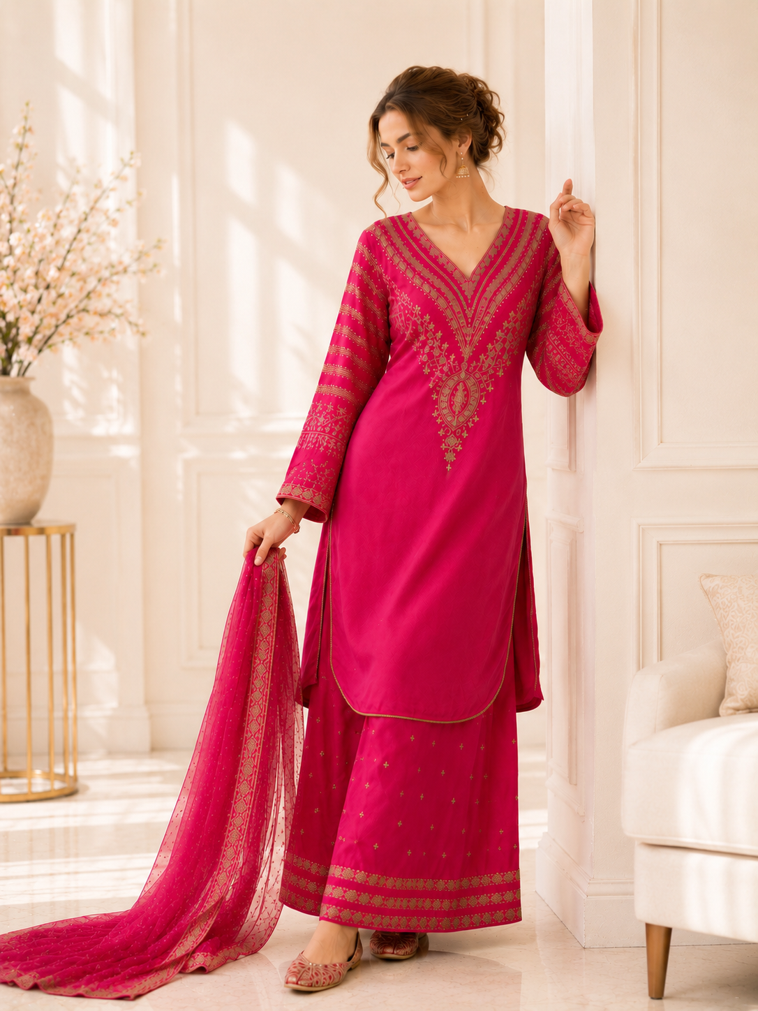 (295) Shocking Pink Viscose Palazzo Suit | Gold Thread & Sequin Work
