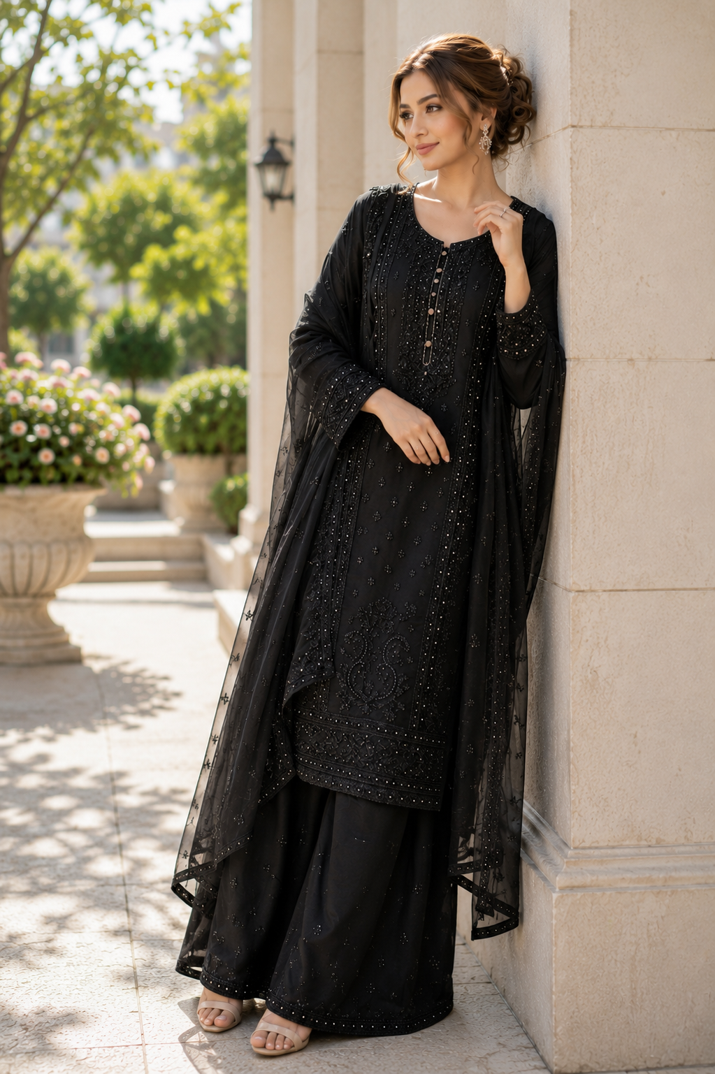 (237) Elegant Black Chiffon Suit | Mirror, Bead & Sequin Embroidery