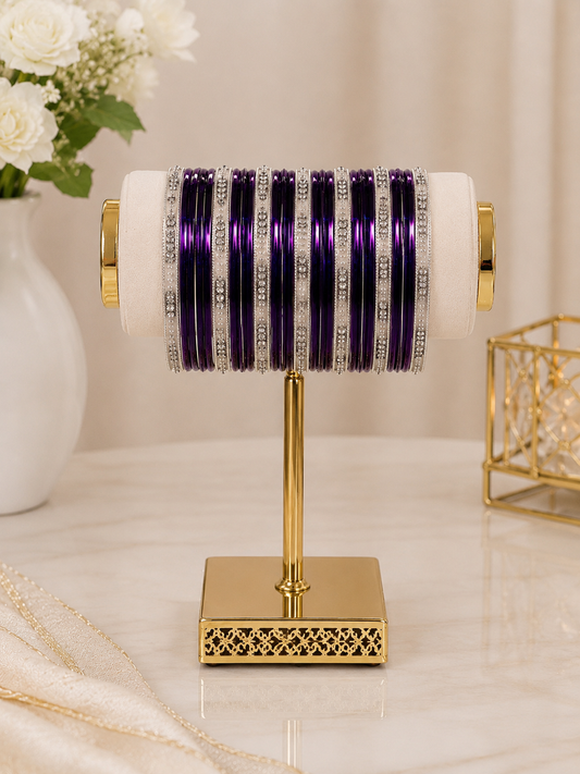 (B14) Elegant deep purple bangle set featuring glossy slim bangles beautifully paired with sparkling silver crystal detailing