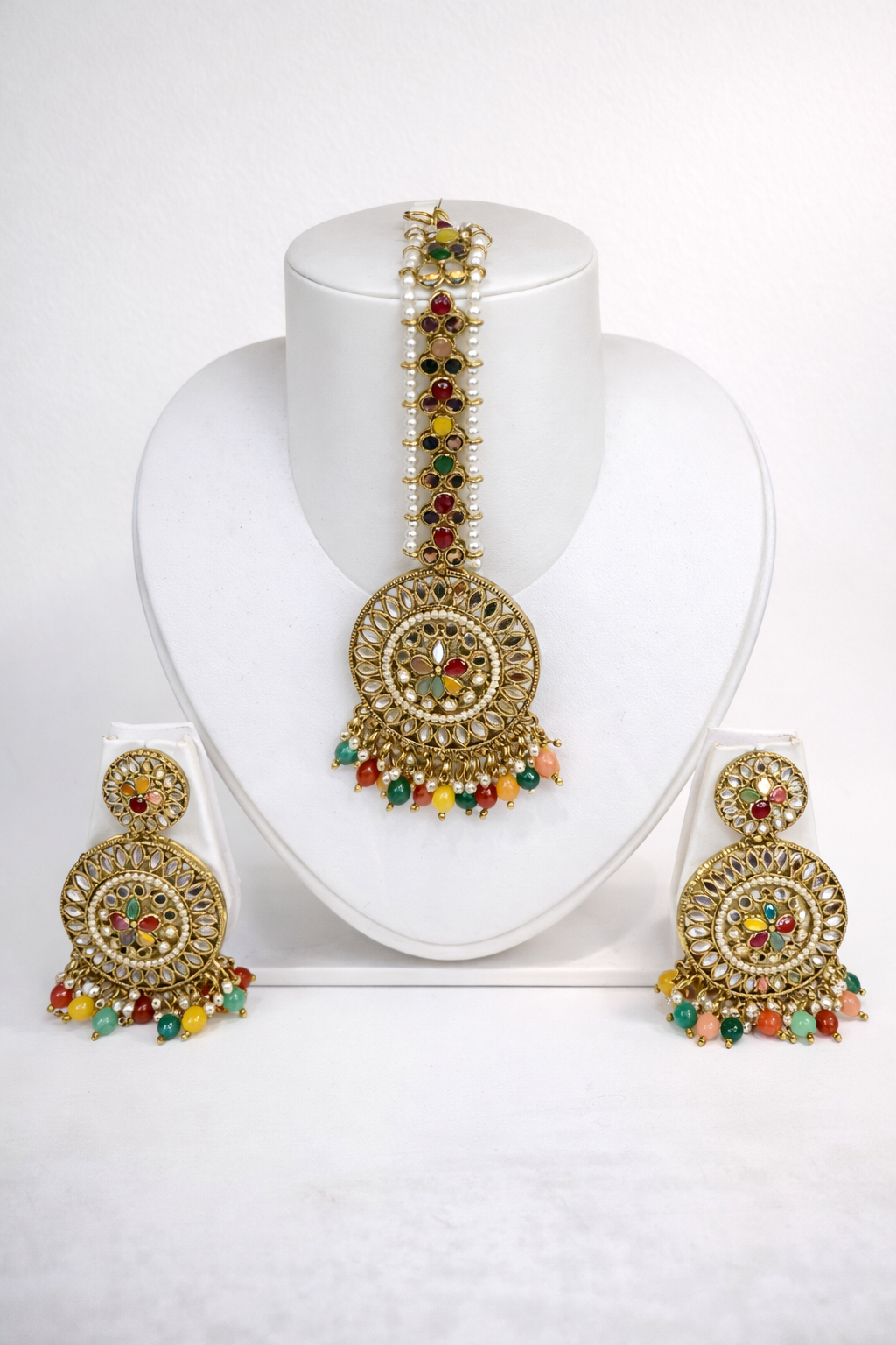Multicolored pakistani tikka earrings pearl elegant jewelry set