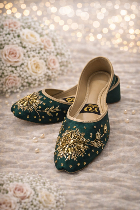 (S13) Handmade Satin Khusa – Gold Embroidered Punjabi Jutti with Soft Foam Comfort