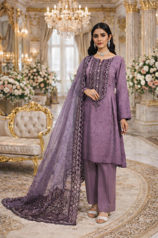 (204) Tawakkal Karandi Suit with Banarsi Organza Embroidered Dupatta