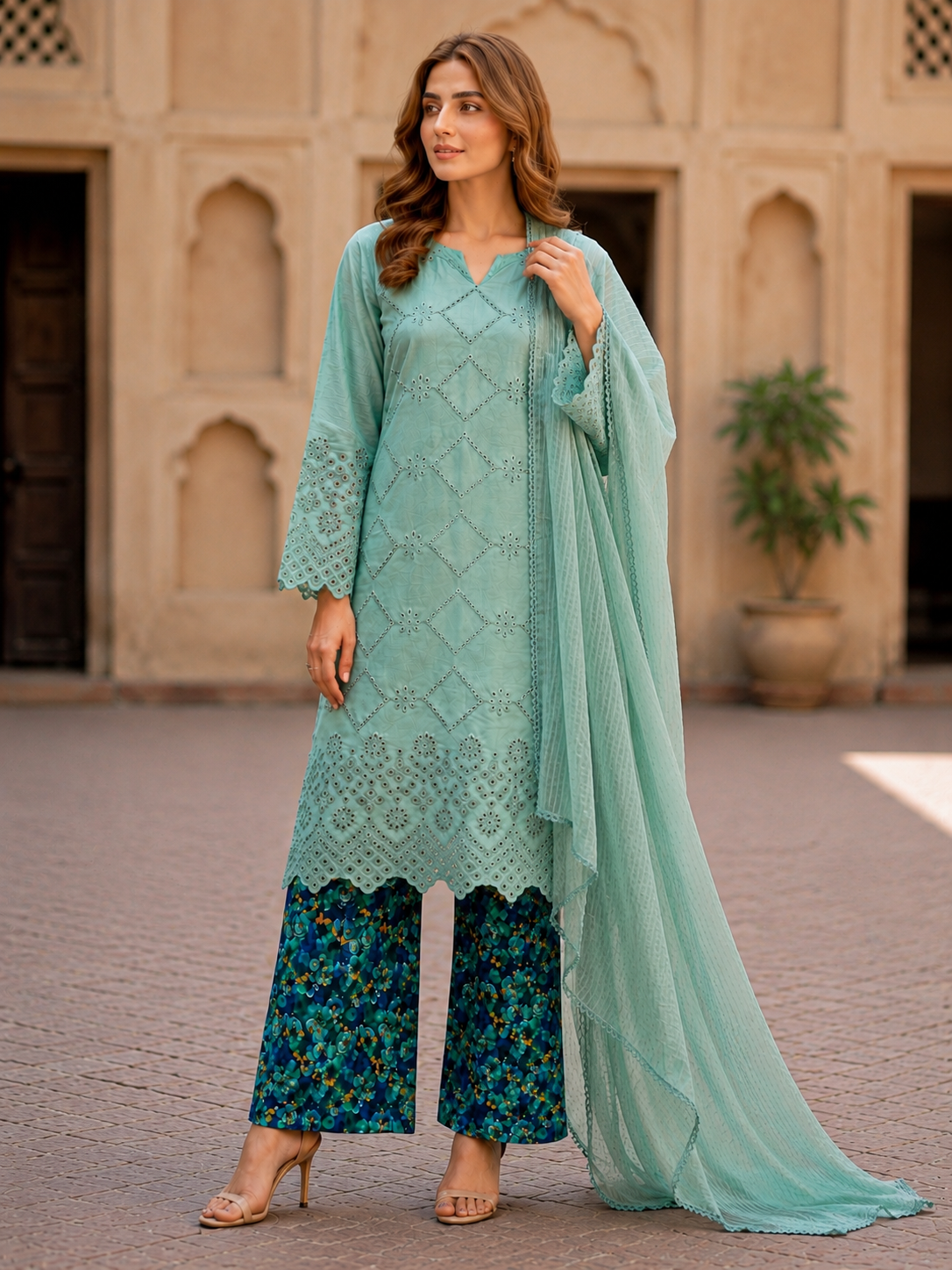 (225) Chikankari Embroidered Lawn Suit with Matching Dupatta & Palazzo Trousers – Perfect Comfy Summer Wear