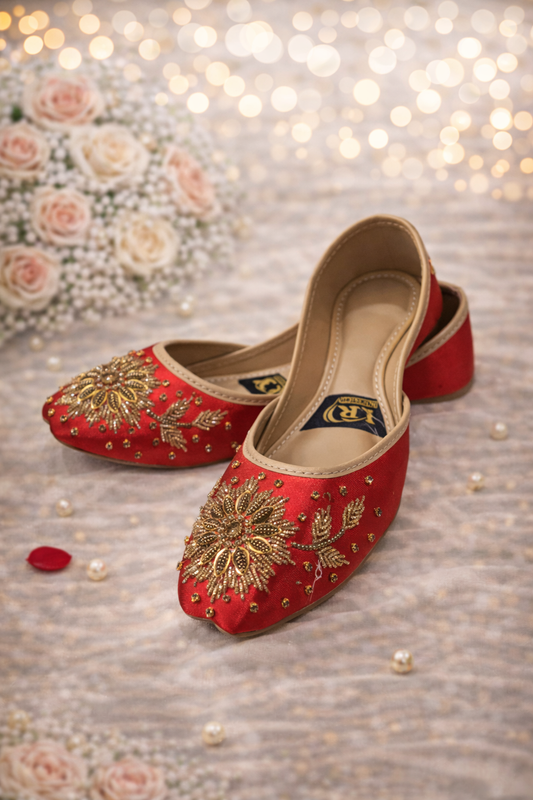 (S2) Handmade Satin Khusa – Gold Embroidered Punjabi Jutti with Soft Foam Comfort