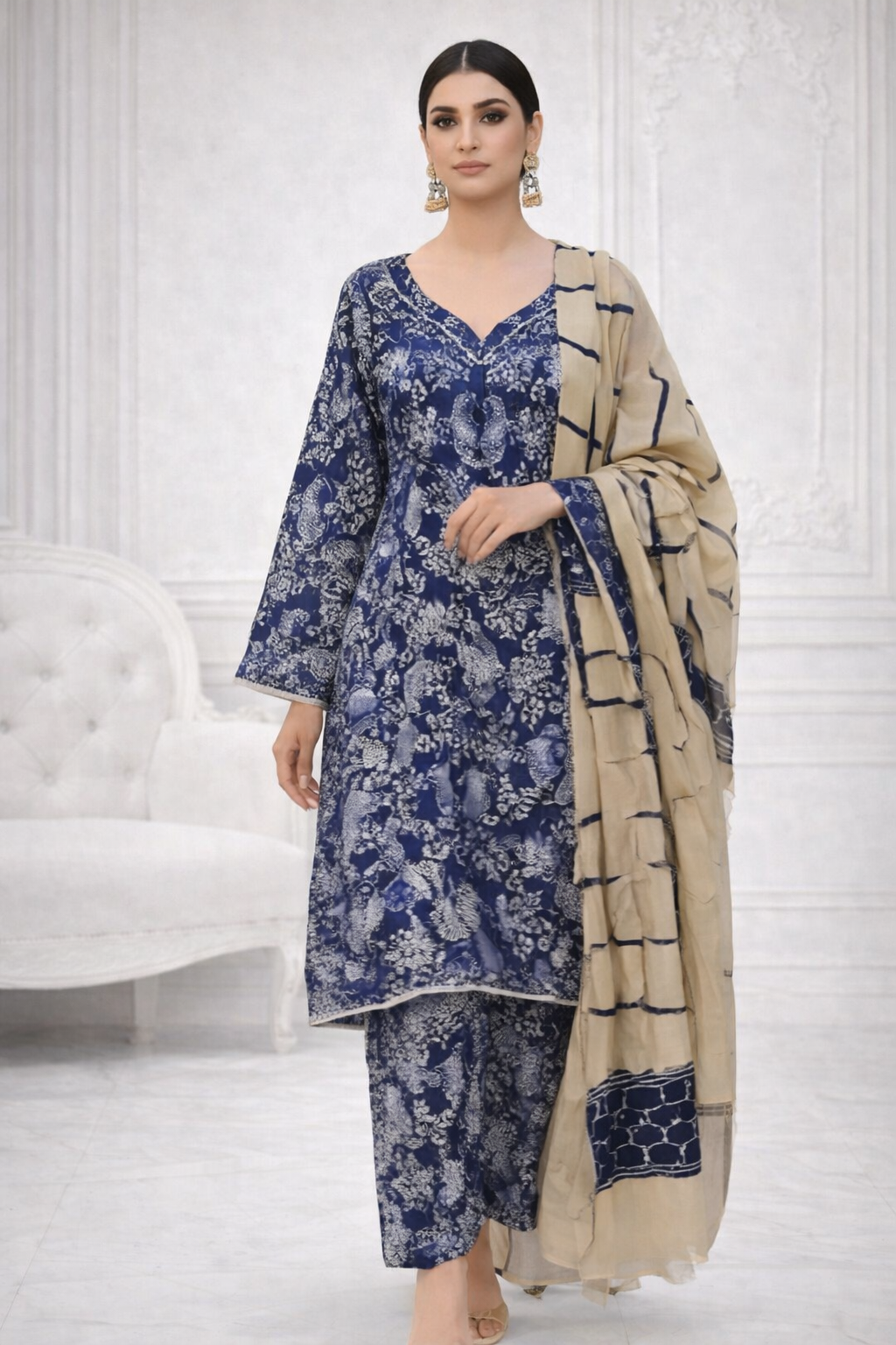 (39) Pakistani Printed Soft Khaddar Winter Suit with Gold Thread Detailed Shawl