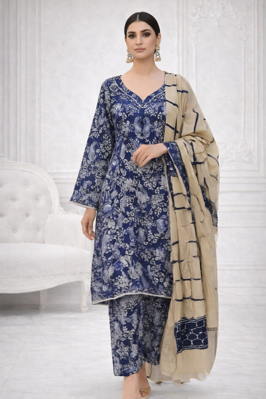 (39) Pakistani Printed Soft Khaddar Winter Suit with Gold Thread Detailed Shawl