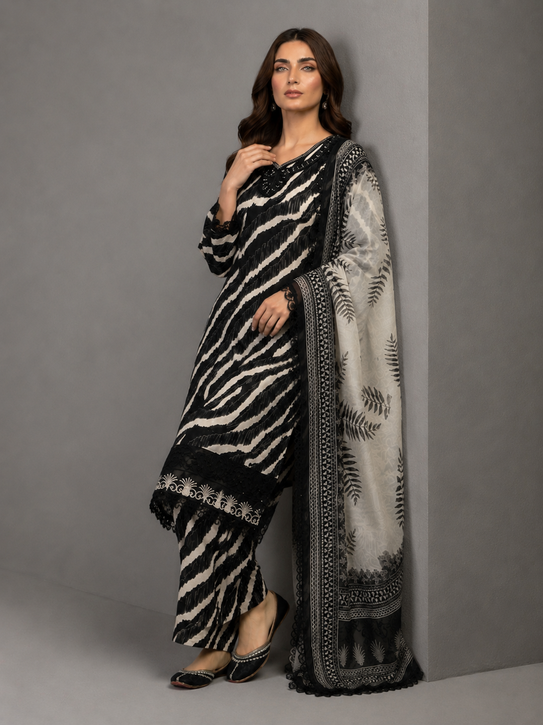 (227) Black & Beige Zebra Print Lawn Suit & Chiffon Dupatta