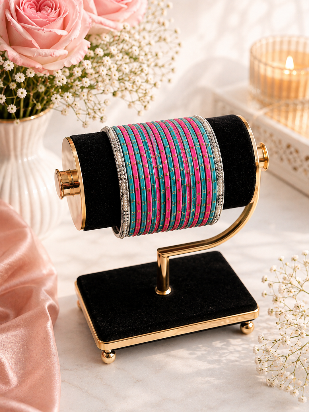 (B1) Pink & turquoise bangles with gold detailing and sparkling silver accents size 2.6