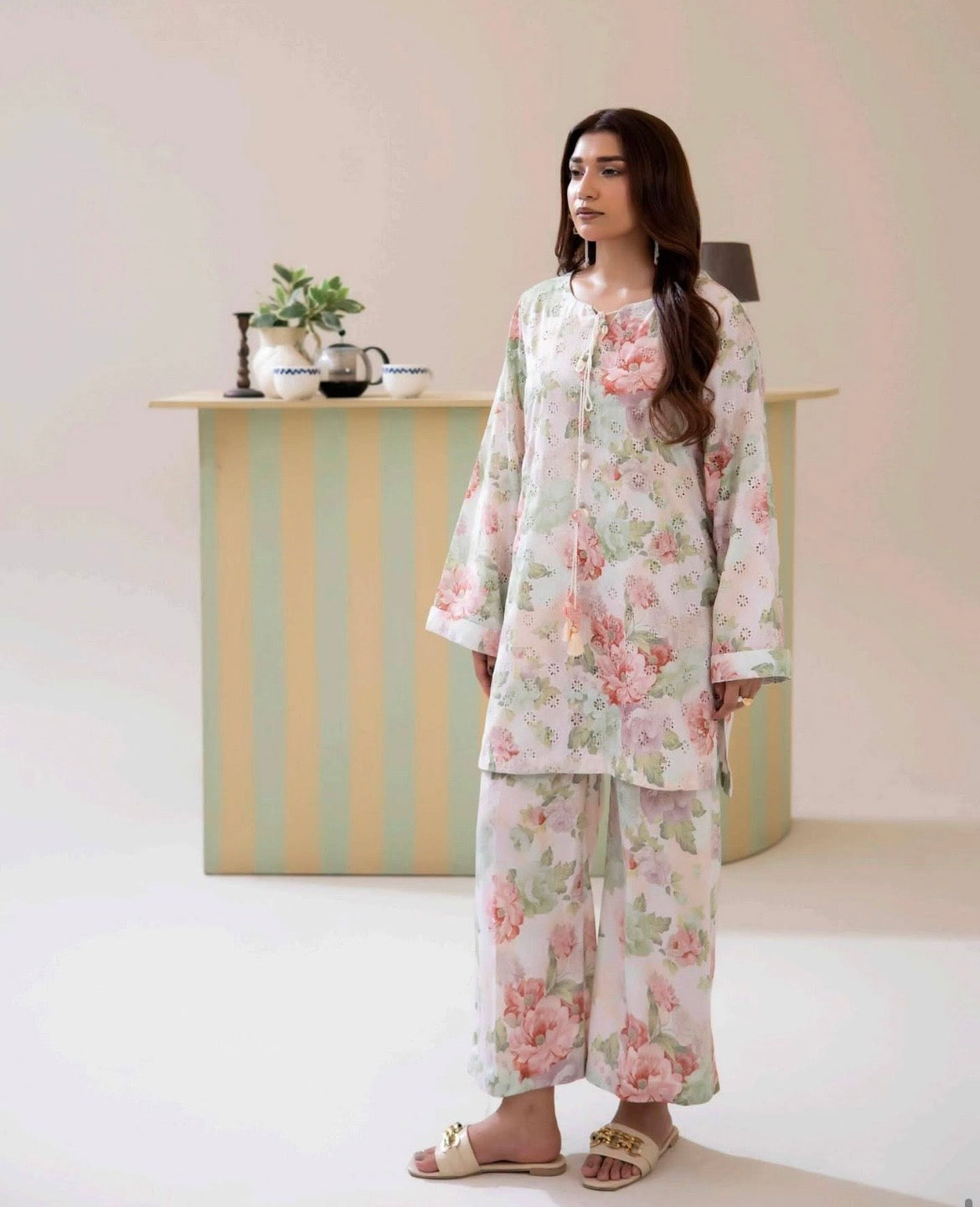 (18) Adan’s schiffli floral chickankari printed voil lawn shirt lawn trousers co ord set